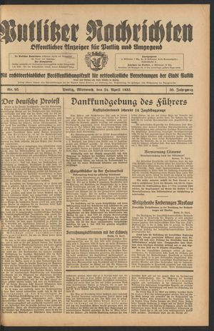 Putlitzer Nachrichten vom 24.04.1935