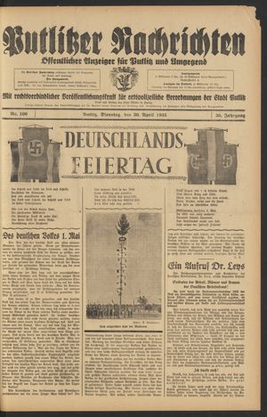 Putlitzer Nachrichten vom 30.04.1935