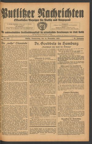 Putlitzer Nachrichten vom 21.11.1935