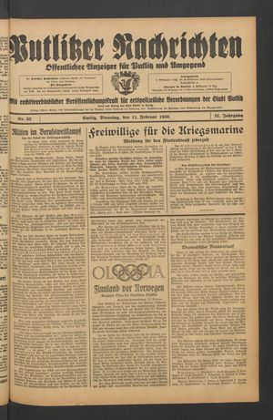 Putlitzer Nachrichten vom 11.02.1936