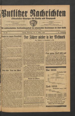 Putlitzer Nachrichten vom 17.03.1936