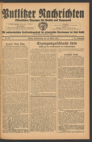 Putlitzer Nachrichten vom 16.04.1936