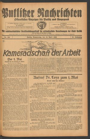Putlitzer Nachrichten vom 30.04.1936