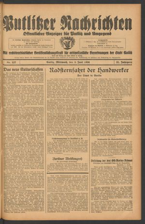 Putlitzer Nachrichten vom 03.06.1936