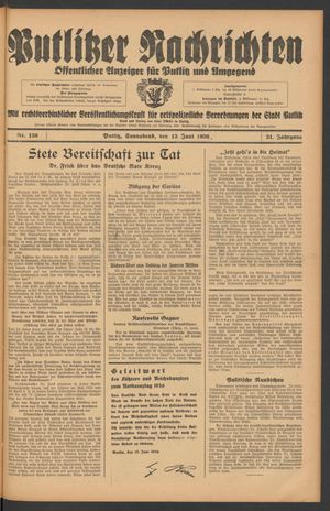 Putlitzer Nachrichten vom 13.06.1936