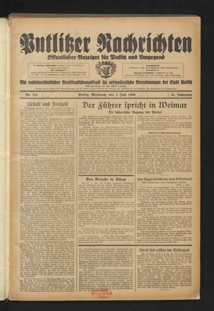 Putlitzer Nachrichten vom 01.07.1936