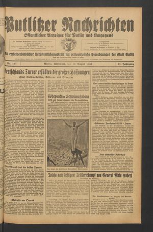Putlitzer Nachrichten vom 12.08.1936