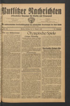 Putlitzer Nachrichten vom 14.08.1936