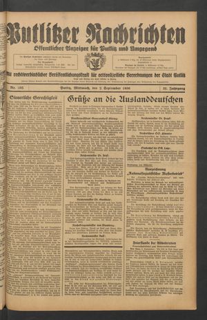 Putlitzer Nachrichten vom 02.09.1936
