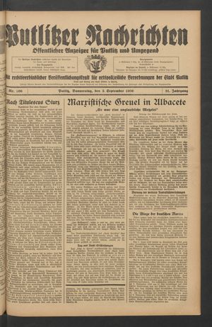 Putlitzer Nachrichten vom 03.09.1936