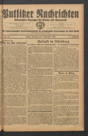 Putlitzer Nachrichten vom 08.09.1936
