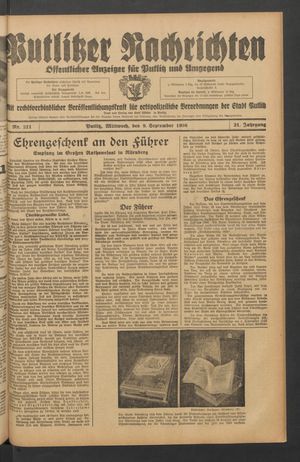 Putlitzer Nachrichten vom 09.09.1936
