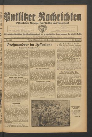 Putlitzer Nachrichten vom 23.09.1936