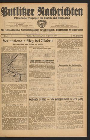 Putlitzer Nachrichten vom 07.01.1937