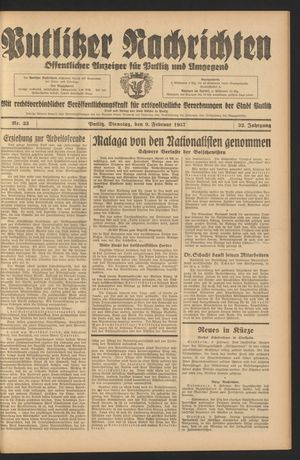 Putlitzer Nachrichten vom 09.02.1937