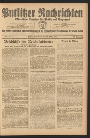 Putlitzer Nachrichten vom 20.03.1937