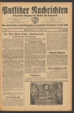 Putlitzer Nachrichten vom 12.04.1937