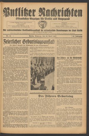 Putlitzer Nachrichten vom 20.04.1937