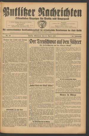 Putlitzer Nachrichten vom 21.04.1937