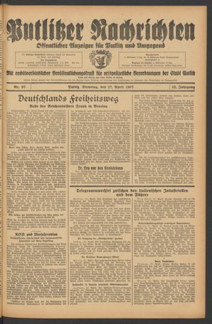 Putlitzer Nachrichten vom 27.04.1937