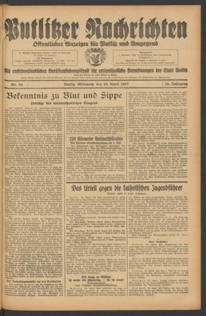 Putlitzer Nachrichten vom 28.04.1937