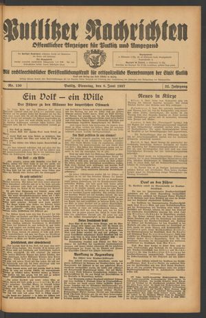 Putlitzer Nachrichten vom 08.06.1937