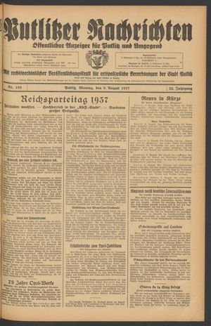 Putlitzer Nachrichten vom 09.08.1937