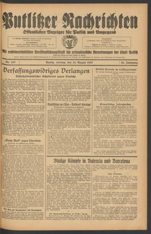 Putlitzer Nachrichten vom 13.08.1937