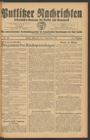 Putlitzer Nachrichten vom 01.09.1937