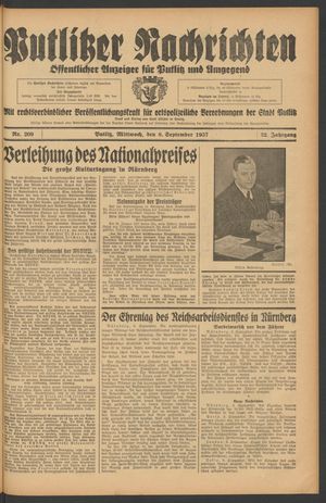 Putlitzer Nachrichten vom 08.09.1937