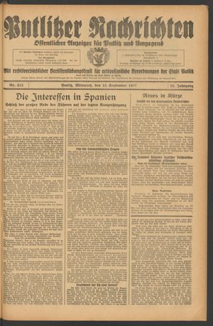 Putlitzer Nachrichten vom 15.09.1937