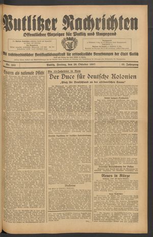 Putlitzer Nachrichten vom 29.10.1937