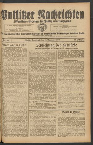 Putlitzer Nachrichten vom 13.11.1937