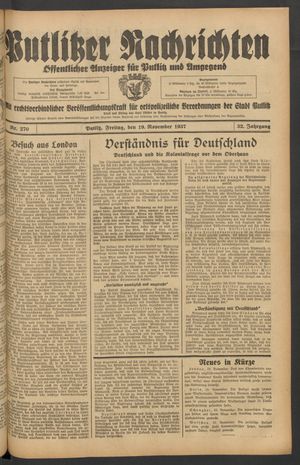 Putlitzer Nachrichten vom 19.11.1937