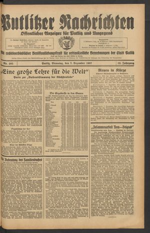 Putlitzer Nachrichten vom 07.12.1937