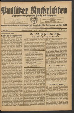 Putlitzer Nachrichten vom 28.12.1937