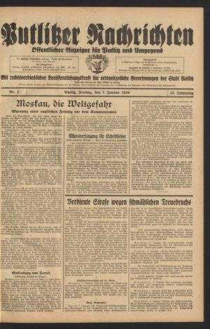 Putlitzer Nachrichten vom 07.01.1938