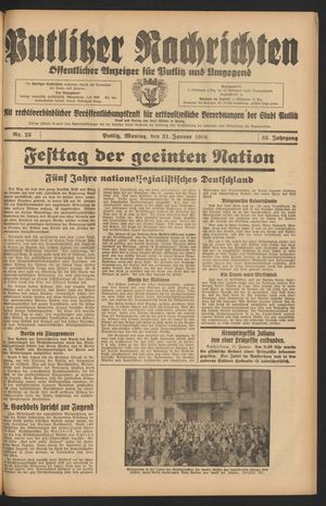 Putlitzer Nachrichten vom 31.01.1938