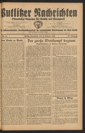 Putlitzer Nachrichten vom 12.02.1938