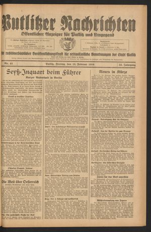 Putlitzer Nachrichten vom 18.02.1938