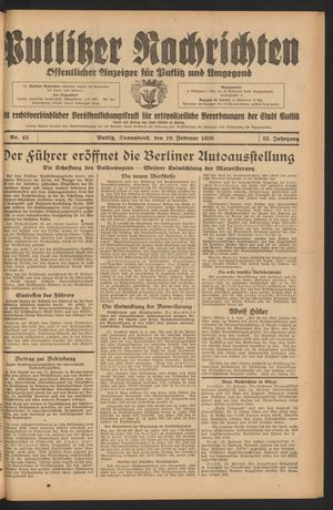 Putlitzer Nachrichten vom 19.02.1938