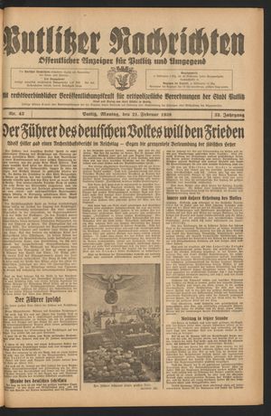Putlitzer Nachrichten vom 21.02.1938