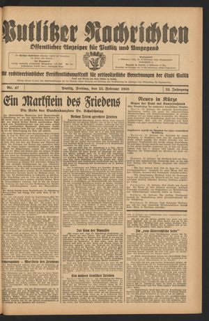 Putlitzer Nachrichten vom 25.02.1938