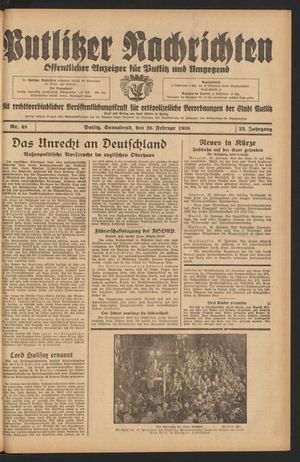 Putlitzer Nachrichten vom 26.02.1938