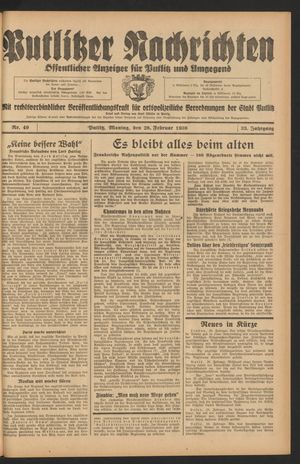 Putlitzer Nachrichten vom 28.02.1938