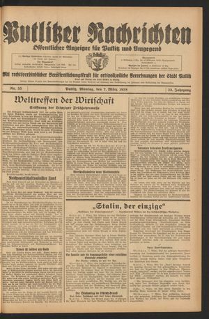 Putlitzer Nachrichten vom 07.03.1938