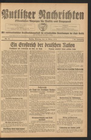 Putlitzer Nachrichten vom 14.03.1938