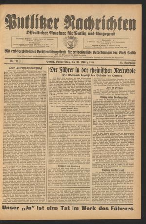 Putlitzer Nachrichten vom 31.03.1938