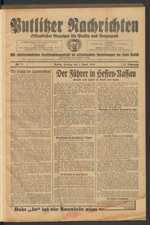 Putlitzer Nachrichten vom 01.04.1938