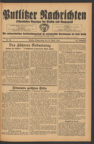 Putlitzer Nachrichten vom 21.04.1938